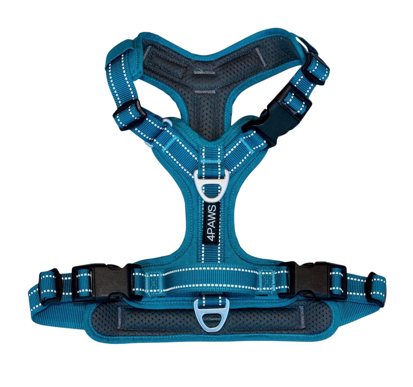 Adventure Harness 2.0 in Arctic Blue —
premium, durable, strong and sturdy dog harness, adjustable with anatomical Y-shape design, rustproof hardware, reflective safety features, and breathable mesh padding for all-day comfort.
picture depicts the Topside of the harness, or the Back plate, displaying the 2 D-ring connection points for double leads or displaying dog tags, and the comfortable traffic control handle.