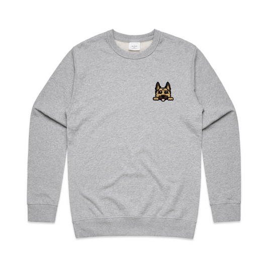 AS COLOUR Premium Crew, in Grey Marle, featuring a German Shepherd dog.
Heavy weight, 350 GSM, 100% cotton French terry