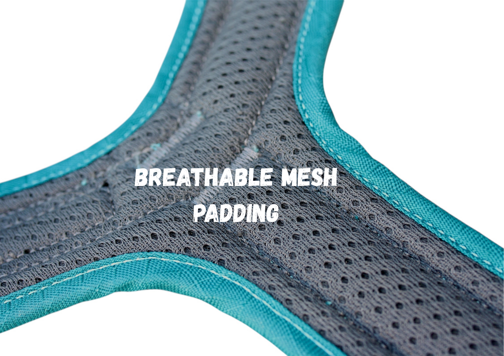 Adventure Harness 2.0 in Arctic Blue — 
 premium, durable, strong and sturdy dog harness, adjustable with anatomical Y-shape design, rustproof hardware, reflective safety features, and breathable mesh padding for all-day comfort. 
Picture labels the breathable mesh padding.