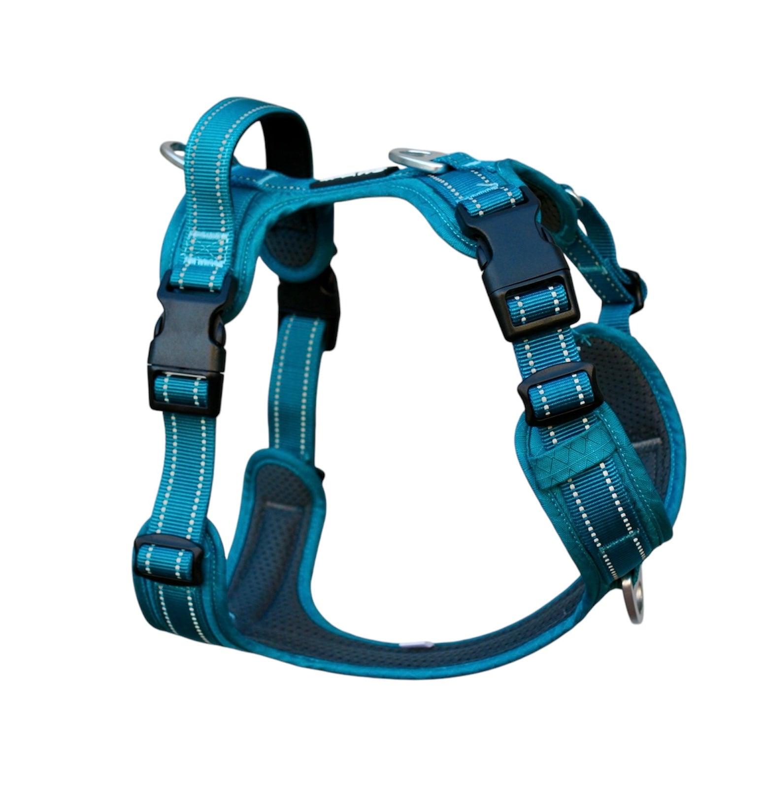 Adventure Harness 2.0 in Arctic Blue — 
 premium, durable, strong and sturdy dog harness, adjustable with anatomical Y-shape design, rustproof hardware, reflective safety features, and breathable mesh padding for all-day comfort. 
picture depicts the Left side of the harness, revealing the extra neck buckle for dogs who are more sensitive to having things put over their head.